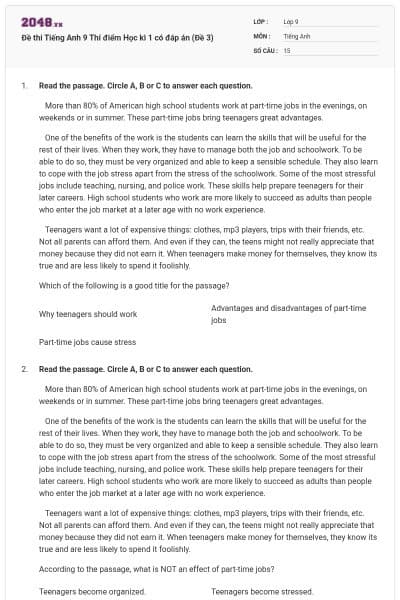 Đề thi Tiếng Anh 9 Thí điểm Học kì 1 có đáp án (Đề 3)