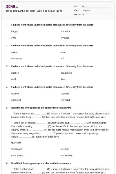 Đề thi Tiếng Anh 9 Thí điểm Học kì 1 có đáp án (Đề 4)