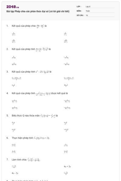 Bài tập Phép chia các phân thức đại số (có lời giải chi tiết)