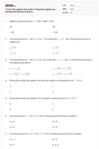 10 câu Trắc nghiệm Toán 9 Bài 4: Công thức nghiệm của phương trình bậc hai có đáp án