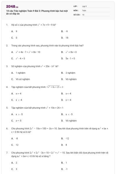 10 câu Trắc nghiệm Toán 9 Bài 3: Phương trình bậc hai một ẩn có đáp án