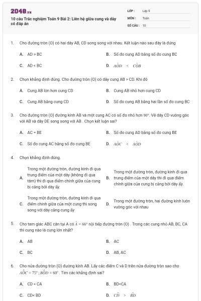 10 câu Trắc nghiệm Toán 9 Bài 2: Liên hệ giữa cung và dây có đáp án