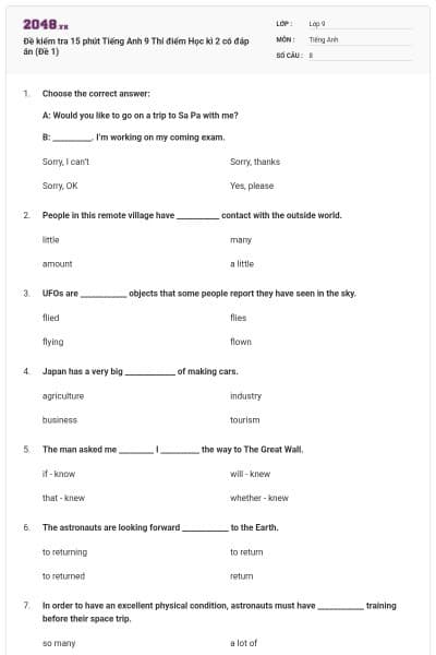 Đề kiểm tra 15 phút Tiếng Anh 9 Thí điểm Học kì 2 có đáp án (Đề 1)