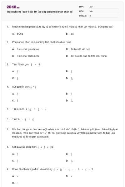 Trắc nghiệm Toán 4 Bài 10: (có đáp án) phép nhân phân số