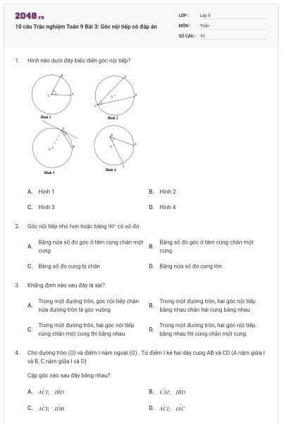 10 câu Trắc nghiệm Toán 9 Bài 3: Góc nội tiếp có đáp án