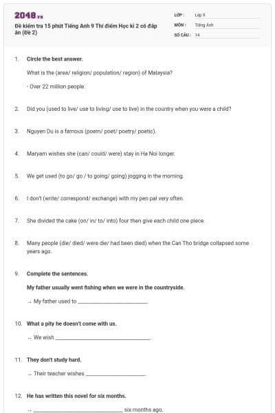 Đề kiểm tra 15 phút Tiếng Anh 9 Thí điểm Học kì 2 có đáp án (Đề 2)