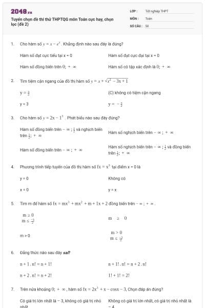 Tuyển chọn đề thi thử THPTQG môn Toán cực hay, chọn lọc (đề 2)