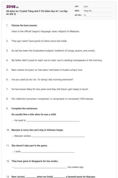 Đề kiểm tra 15 phút Tiếng Anh 9 Thí điểm Học kì 1 có đáp án (Đề 3)