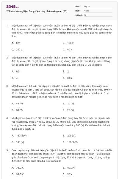 200 câu trắc nghiệm Dòng điện xoay chiều nâng cao (P3)
