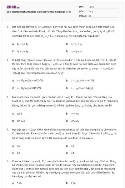 200 câu trắc nghiệm Dòng điện xoay chiều nâng cao (P4)
