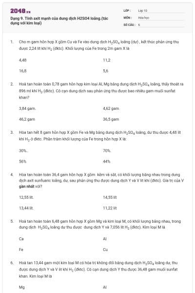 Dạng 9. Tính axit mạnh của dung dịch H2SO4 loãng.(tác dụng với kim loại)