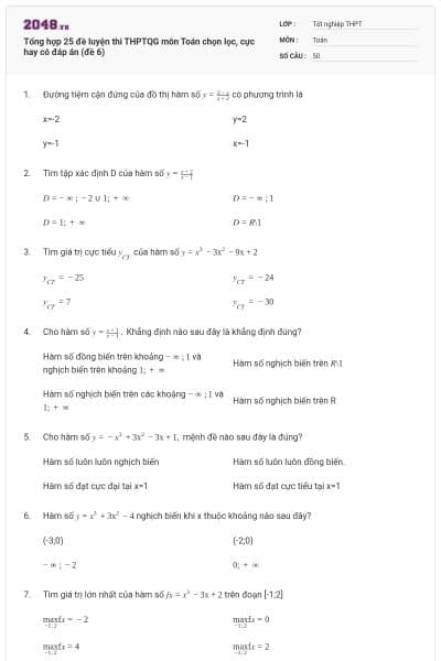 Tổng hợp 25 đề luyện thi THPTQG môn Toán chọn lọc, cực hay có đáp án (đề 6)