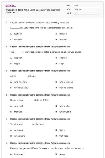 Trắc nghiệm Tiếng Anh 9 Unit 9 Vocabulary and Grammar có đáp án