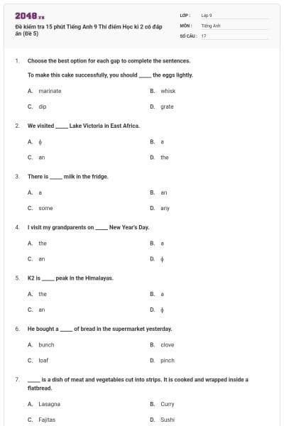 Đề kiểm tra 15 phút Tiếng Anh 9 Thí điểm Học kì 2 có đáp án (Đề 5)