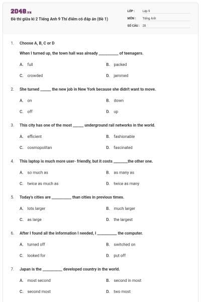 Đề thi giữa kì 2 Tiếng Anh 9 Thí điểm có đáp án (Đề 1)