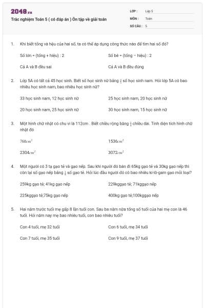 Trắc nghiệm Toán 5 ( có đáp án ) Ôn tập về giải toán