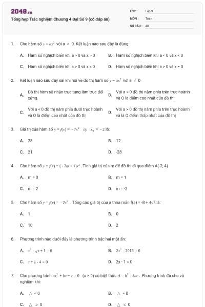 Tổng hợp Trắc nghiệm Chương 4 Đại Số 9 (có đáp án)