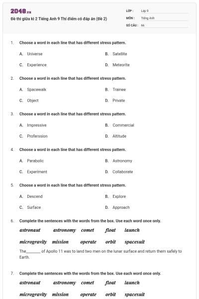 Đề thi giữa kì 2 Tiếng Anh 9 Thí điểm có đáp án (Đề 2)