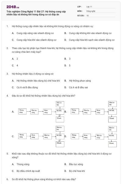 Trắc nghiệm Công Nghệ 11 Bài 27: Hệ thống cung cấp nhiên liệu và không khí trong động cơ có đáp án
