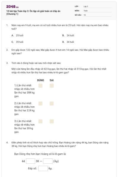 10 bài tập Toán lớp 3: Ôn tập về giải toán có đáp án (Chương 1)