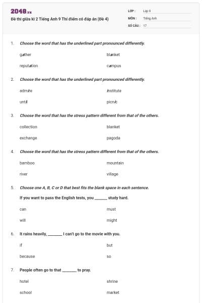 Đề thi giữa kì 2 Tiếng Anh 9 Thí điểm có đáp án (Đề 4)
