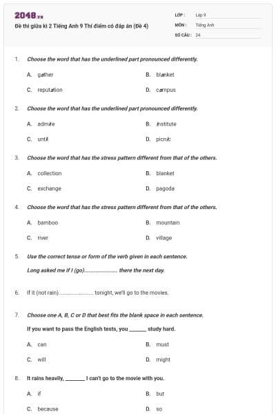 Đề thi giữa kì 2 Tiếng Anh 9 Thí điểm có đáp án (Đề 4)
