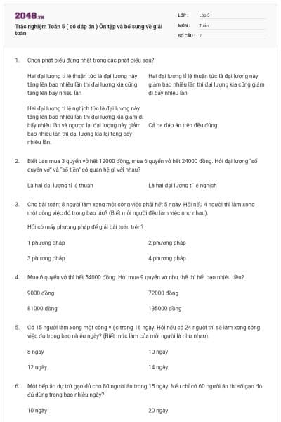 Trắc nghiệm Toán 5 ( có đáp án ) Ôn tập và bổ sung về giải toán