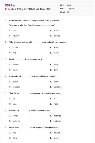 Đề thi giữa kì 2 Tiếng Anh 9 Thí điểm có đáp án (Đề 5)