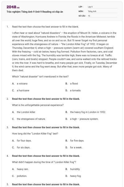 Trắc nghiệm Tiếng Anh 9 Unit 9 Reading có đáp án