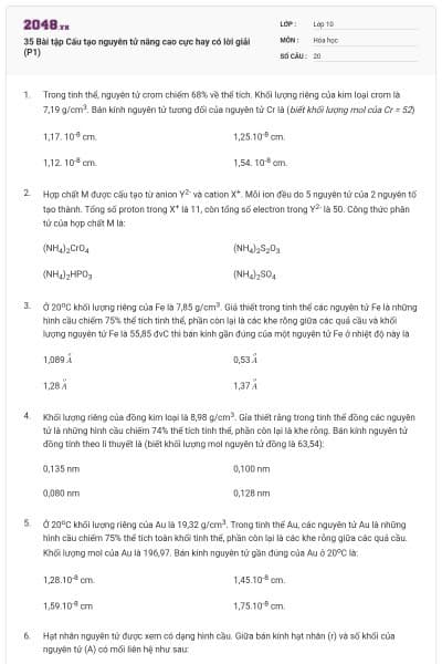 35 Bài tập Cấu tạo nguyên tử nâng cao cực hay có lời giải (P1)