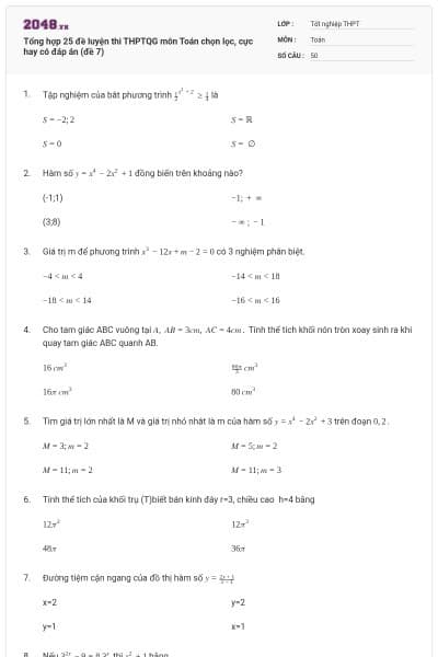 Tổng hợp 25 đề luyện thi THPTQG môn Toán chọn lọc, cực hay có đáp án (đề 7)