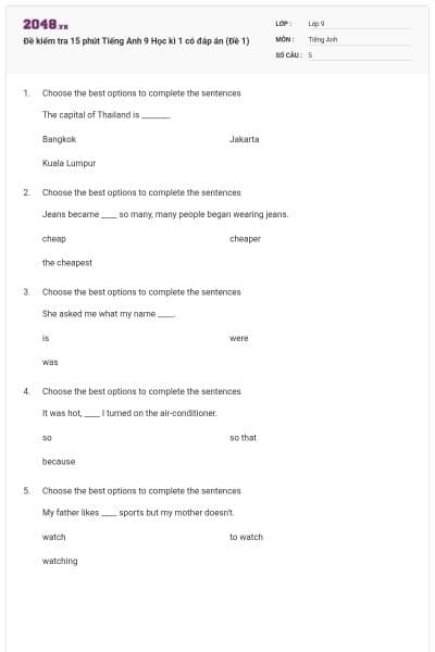 Đề kiểm tra 15 phút Tiếng Anh 9 Học kì 1 có đáp án (Đề 1)