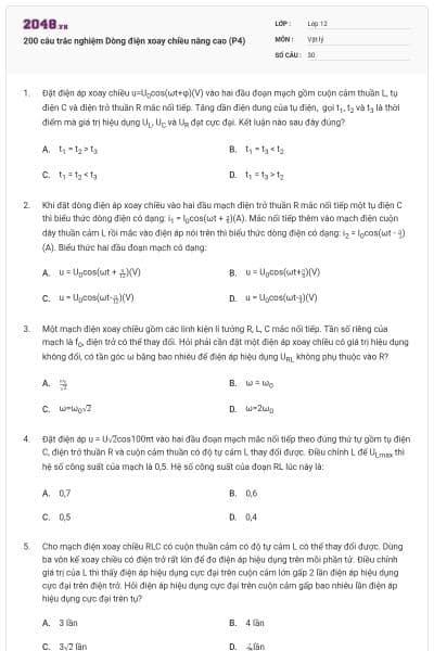 200 câu trắc nghiệm Dòng điện xoay chiều nâng cao (P4)