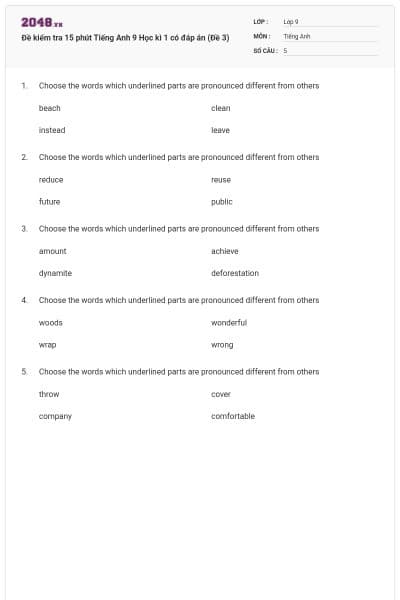 Đề kiểm tra 15 phút Tiếng Anh 9 Học kì 1 có đáp án (Đề 3)