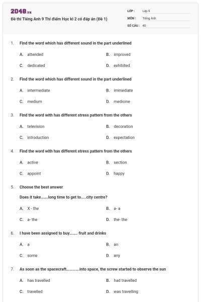 Đề thi Tiếng Anh 9 Thí điểm Học kì 2 có đáp án (Đề 1)