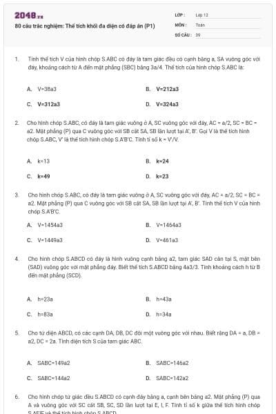 80 câu trắc nghiệm: Thể tích khối đa diện có đáp án (P1)