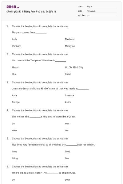 Đề thi giữa kì 1 Tiếng Anh 9 có đáp án (Đề 1)