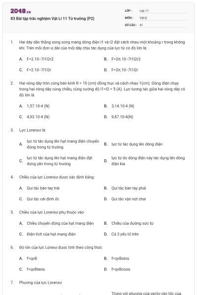 83 Bài tập trắc nghiệm Vật Lí 11 Từ trường (P2)