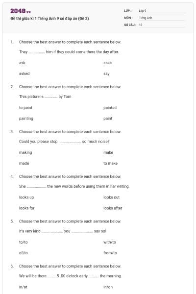 Đề thi giữa kì 1 Tiếng Anh 9 có đáp án (Đề 2)