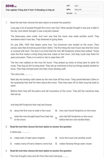 Trắc nghiệm Tiếng Anh 9 Unit 10 Reading có đáp án