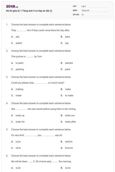 Đề thi giữa kì 1 Tiếng Anh 9 có đáp án (Đề 2)