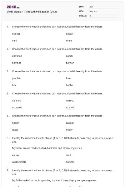 Đề thi giữa kì 1 Tiếng Anh 9 có đáp án (Đề 3)