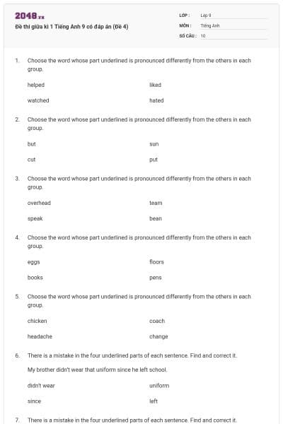 Đề thi giữa kì 1 Tiếng Anh 9 có đáp án (Đề 4)