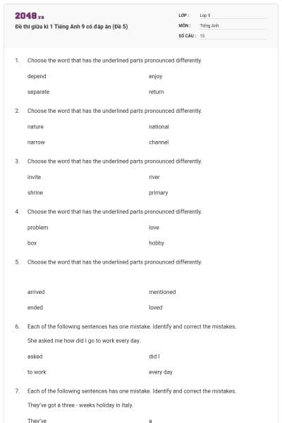 Đề thi giữa kì 1 Tiếng Anh 9 có đáp án (Đề 5)