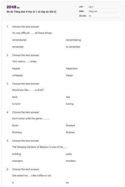 Đề thi Tiếng Anh 9 Học kì 1 có đáp án (Đề 2)