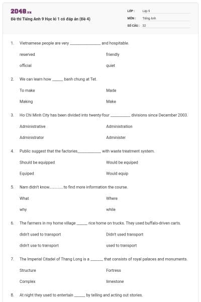 Đề thi Tiếng Anh 9 Học kì 1 có đáp án (Đề 4)