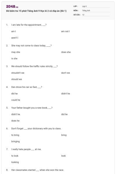 Đề kiểm tra 15 phút Tiếng Anh 9 Học kì 2 có đáp án (Đề 1)