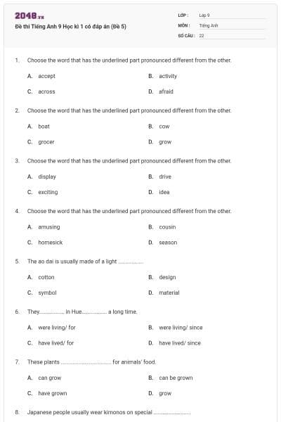 Đề thi Tiếng Anh 9 Học kì 1 có đáp án (Đề 5)