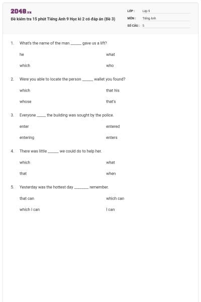 Đề kiểm tra 15 phút Tiếng Anh 9 Học kì 2 có đáp án (Đề 3)