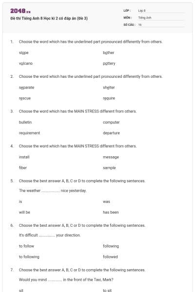 Đề thi Tiếng Anh 8 Học kì 2 có đáp án (Đề 3)